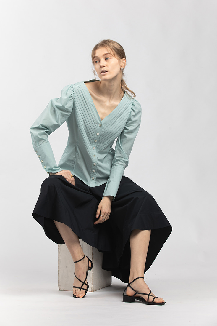 Cotton Pleats Puffy Long Sleeves Blouse - Blue