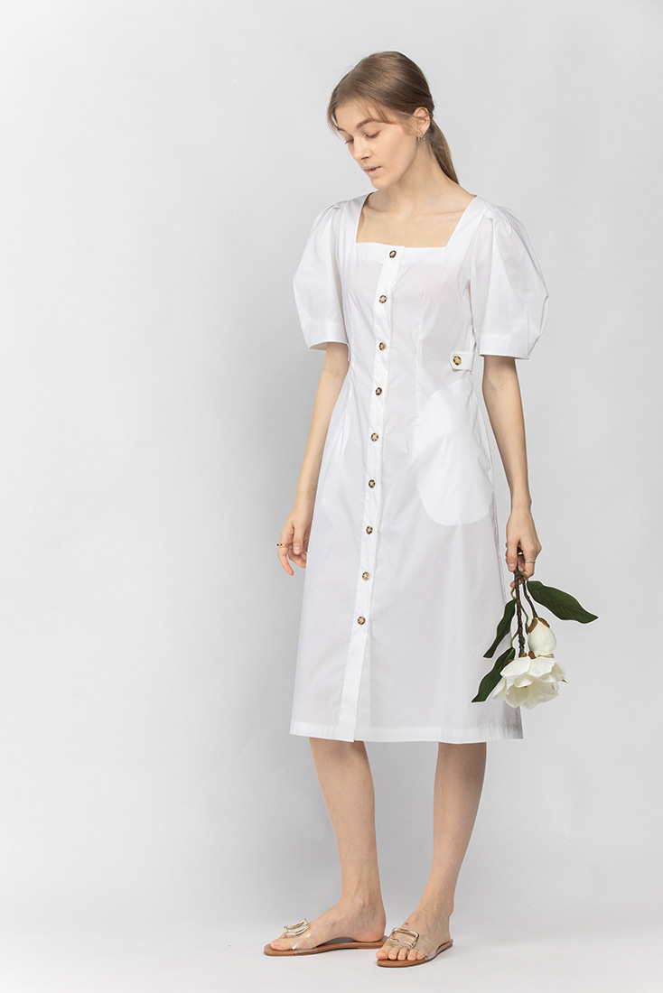 Cotton Square Neck Button-down Dress - White