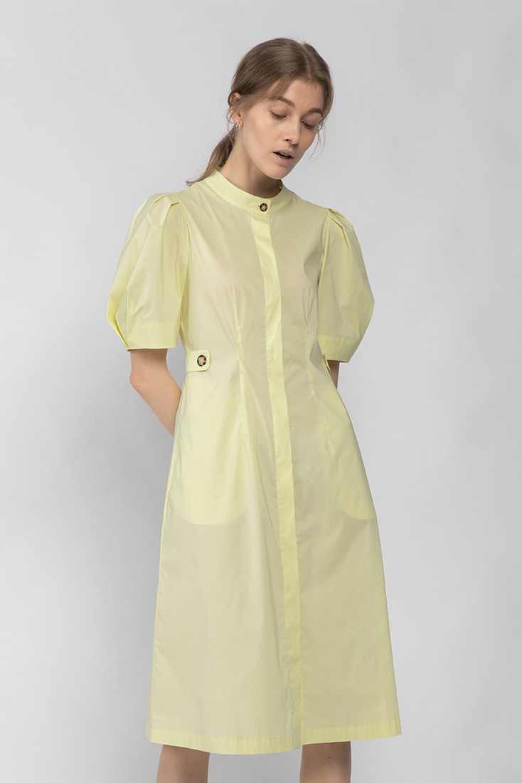 Cotton Puffy Sleeve Button-Down Dress - Yellow
