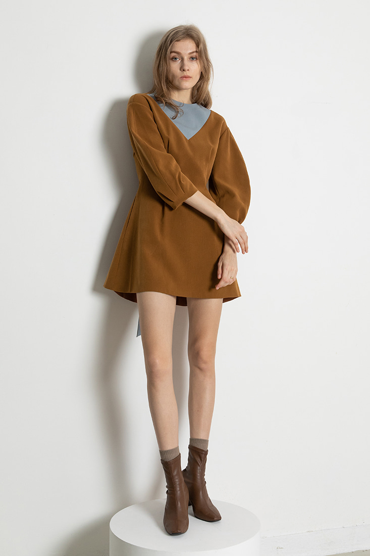 [리퍼브제품]Back Ribbon Puffy Dress - Brown