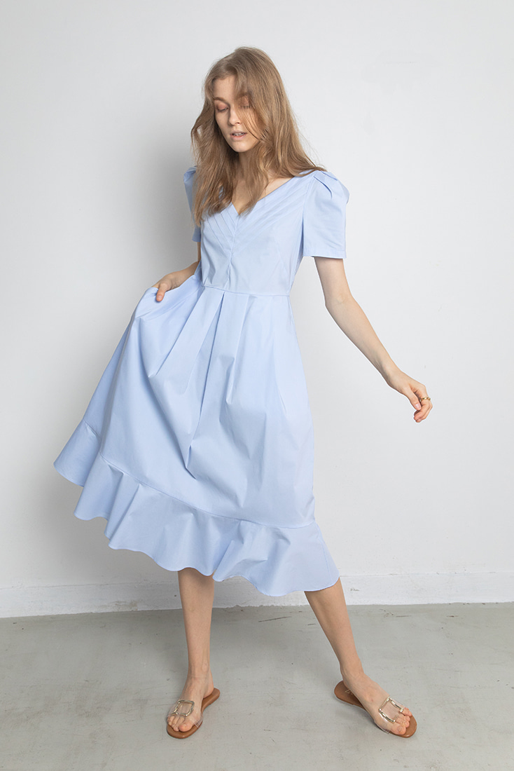 Cotton Pleats Neck Dress - Blue