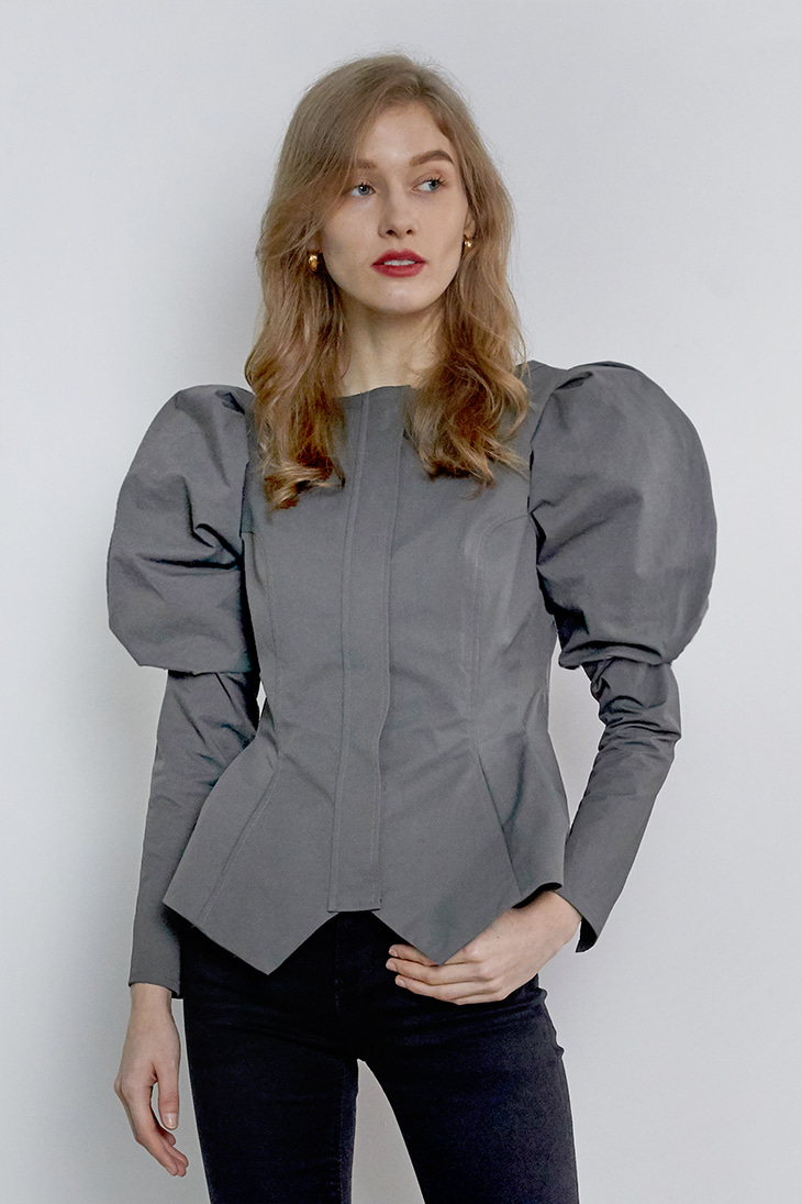 Puffy Sleeve Zip-up Blouse - Grey