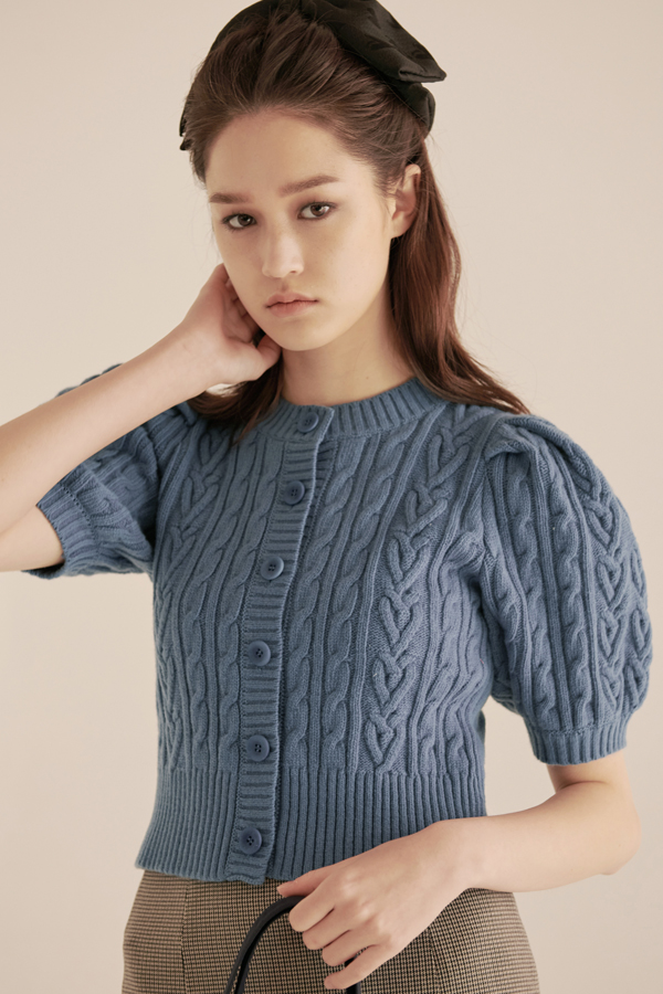 HEART KNITTED PUFFY CARDIGAN - BLUE