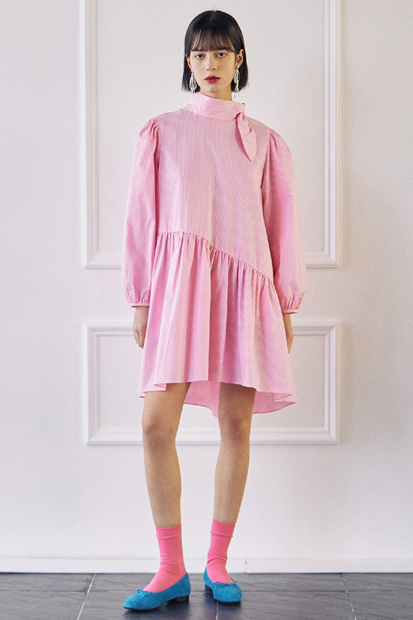 Scarf Layered Volume Dress-Pink Stripe
