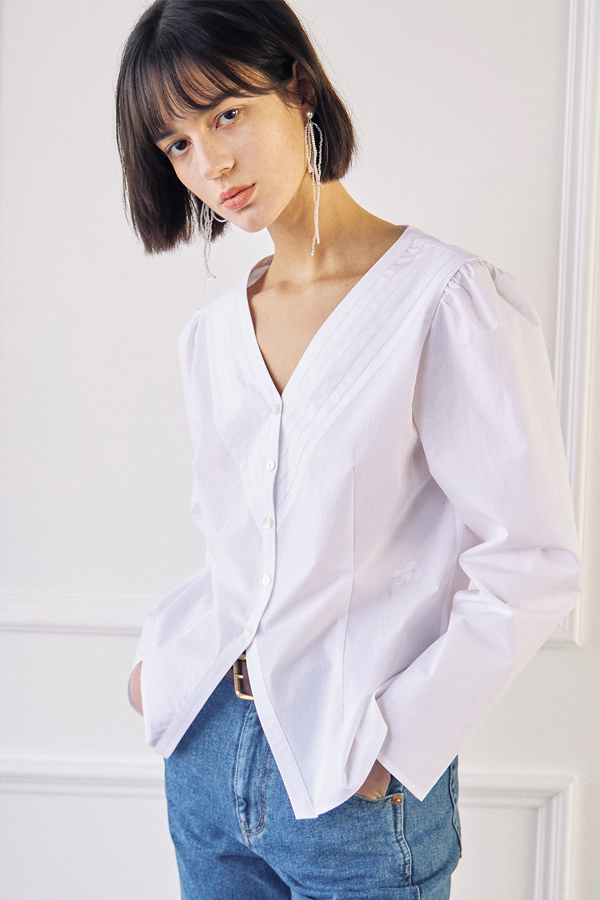 Cotton Pleats Puffy Long Sleeves Blouse-White